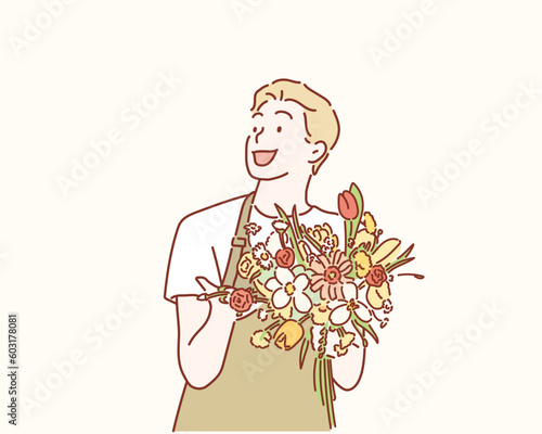Young handsome man with beautiful flower. Hand drawn style vector design illustrations.