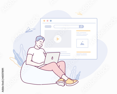Man relaxing on couch and using laptop.Hand drawn style vector design illustrations.