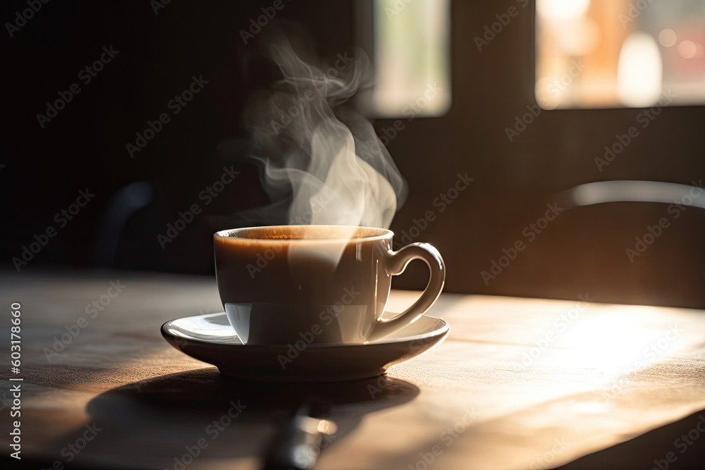 Hot coffee cup on table, camping time Hot coffee cup on table, camping time