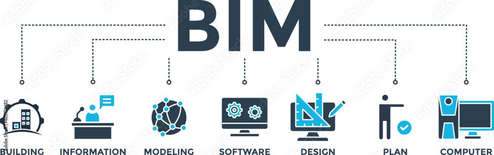 BIM banner web icon vector illustration concept for building information modeling with icon of building, information, modeling, software, design, plan, and computer BIM banner web icon vector illustration concept for building information modeling with icon of building, information, modeling, software, design, plan, and computer