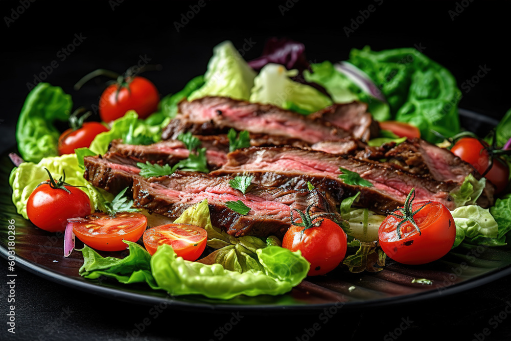 a plate of steak salad with lettuce and tomatoes, AI generated