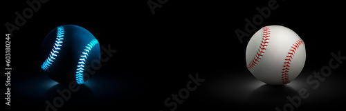 Photography black baseball ball with blue glowing neon lines and baseball ball on dark backg