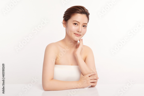 Beautiful young asian woman with clean fresh skin on white background, Face care, Facial treatment, Cosmetology, beauty and spa, Asian women portrait.