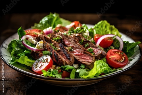 a plate of steak salad with lettuce and tomatoes, AI generated