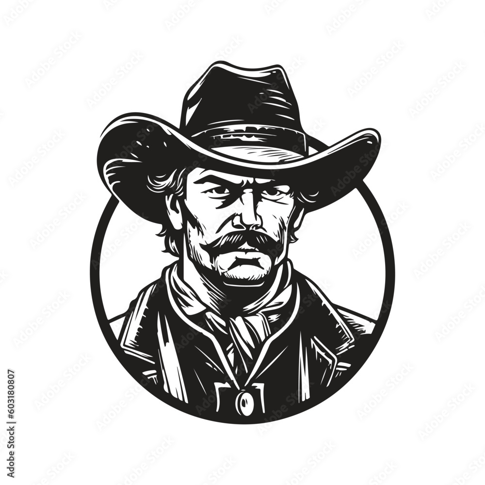 cowboy, vintage logo line art concept black and white color, hand drawn illustration