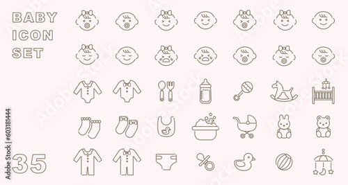 赤ちゃんの表情やベビー用品などのかわいいラインアイコンセット