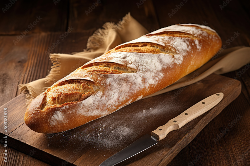 Fresh baguette on a wooden table, Generative ai