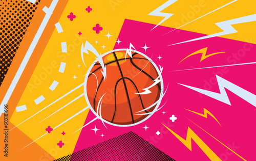 Abstract Comic Basketball Background with Colorful 90's Style and Thunder Illustration with Basketball Field  