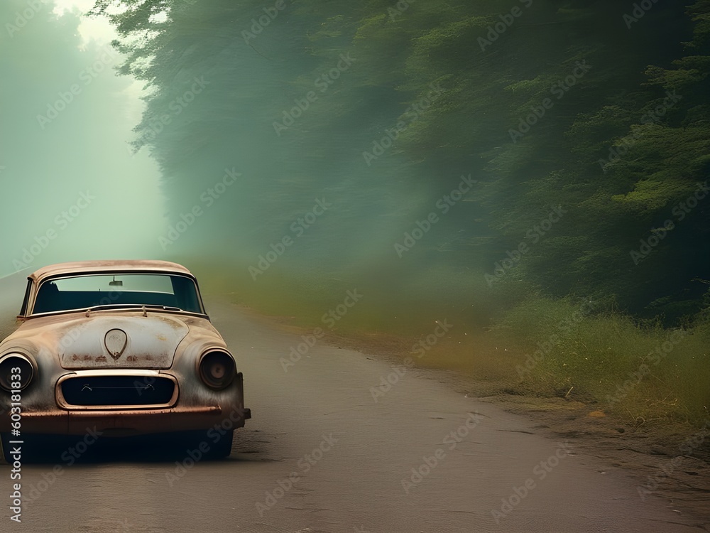Generative AI of an old rusty broken car on an empty road