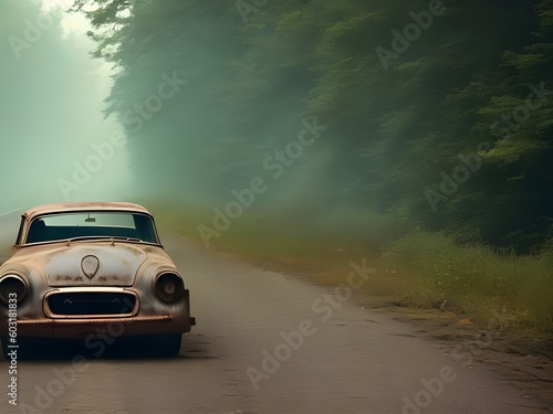 Generative AI of an old rusty broken car on an empty road © junpinzon