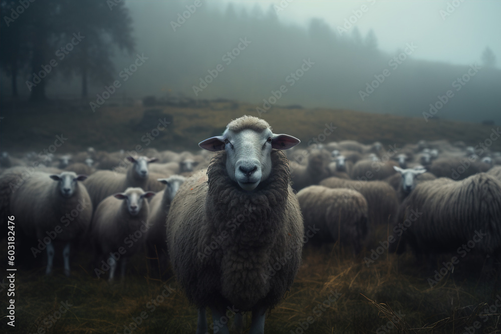 In a picturesque meadow, a black woolly sheep stands out among a multitude of white sheep, creating a captivating scene