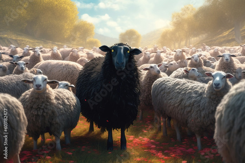 In a picturesque meadow, a black woolly sheep stands out among a multitude of white sheep, creating a captivating scene