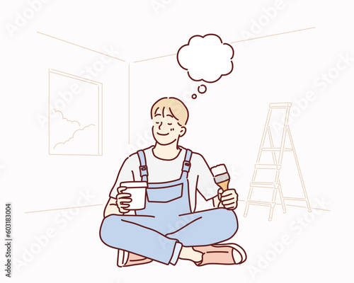 smiling man painting at home, holding paint brush. Hand drawn style vector design illustrations.