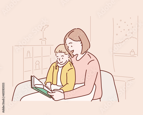 beautiful mother and daughter reading books. Hand drawn style vector design illustrations.