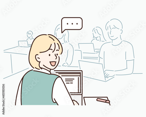 Woman working laptop. Business woman busy working on laptop computer at office. Hand drawn style vector design illustrations.