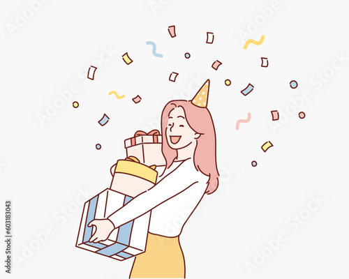 Happy girl holding gift box. Hand drawn style vector design illustrations.