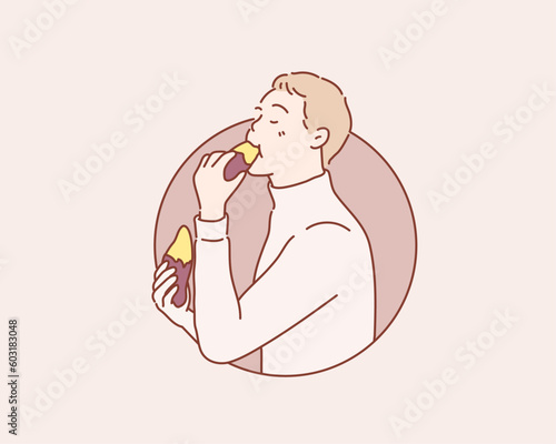 boy eating a sweet potato. Hand drawn style vector design illustrations.