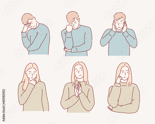 Confused people thinking together. Hand drawn style vector design illustrations.