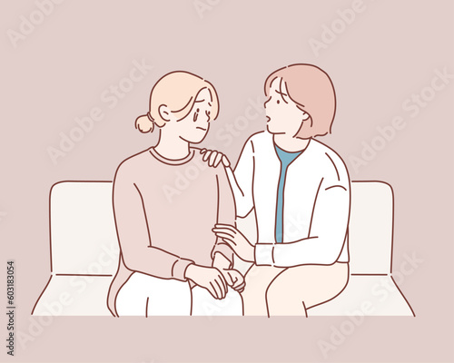 Two women talking about problems at home. Friendship consoling and care, unhappy girl support her girlfriend. Hand drawn style vector design illustrations.