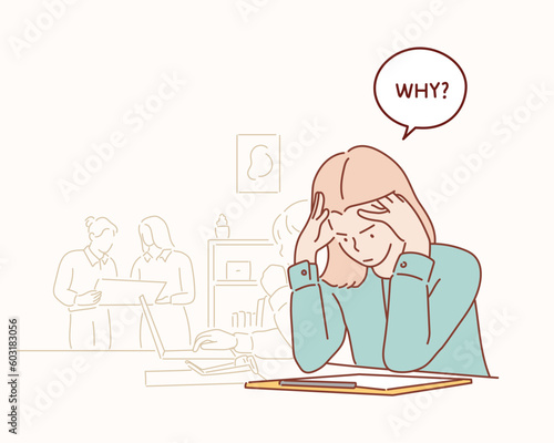 business, office, school and education concept - stressed businesswoman with computer at work. Hand drawn style vector design illustrations.