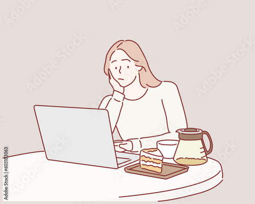 tired young businesswoman sitting at the table with laptop computer while sleeping at a cafe. Hand drawn style vector design illustrations.