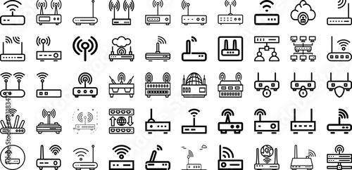 Set Of Router Icons Collection Isolated Silhouette Solid Icons Including Router, Antenna, Wireless, Communication, Internet, Network, Technology Infographic Elements Logo Vector Illustration © Abagael