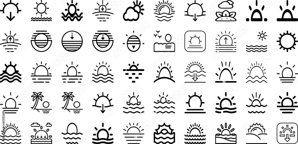 Set Of Sunset Icons Collection Isolated Silhouette Solid Icons Including Nature, Sunrise, Background, Sunset, Landscape, Sky, Sun Infographic Elements Logo Vector Illustration