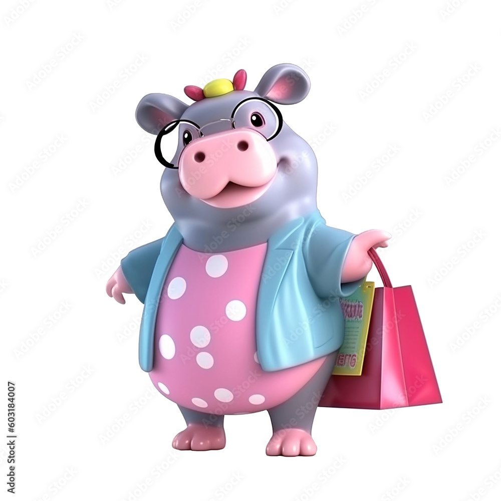 Fototapeta premium Illustration 3D cute hippopotamus character AI Generative