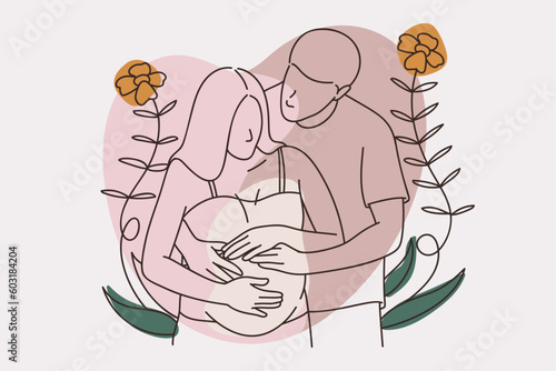 Pregnant woman with her husband. Hand drawn vector line art illustration.