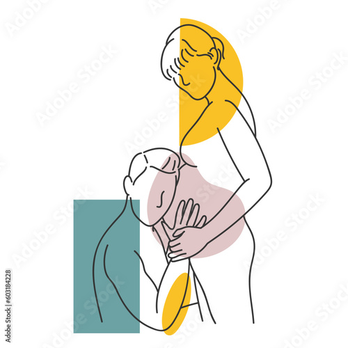 Pregnant woman with her husband. Vector illustration in linear line art style
