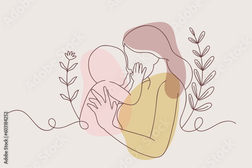 Continuous one simple single abstract line drawing of mother holding baby in her arms.