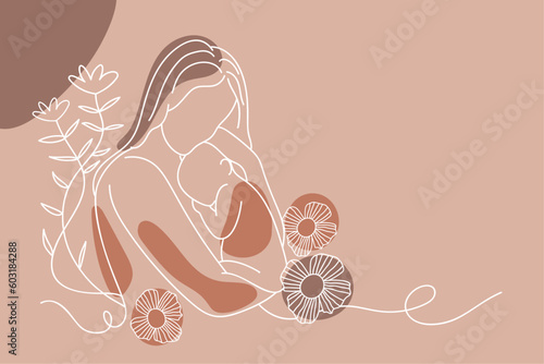Illustration of mother breastfeeding her baby. Line Art Vector Pastel Color.