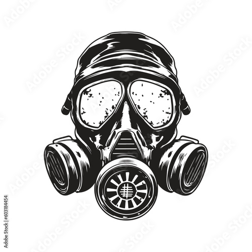 gas mask, vintage logo line art concept black and white color, hand drawn illustration