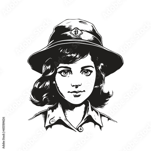 girl scout, vintage logo line art concept black and white color, hand drawn illustration