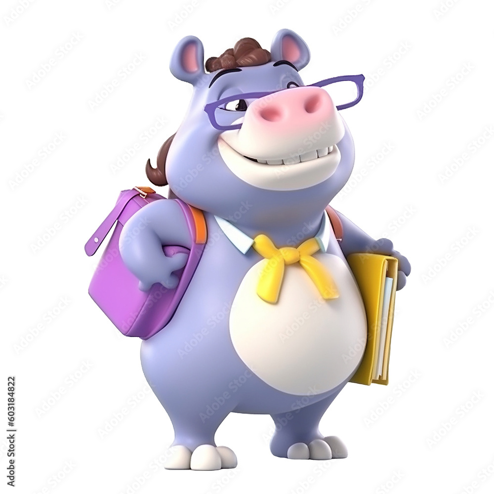 Naklejka premium Illustration 3D cute hippopotamus character AI Generative