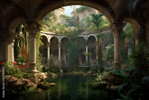 game art showing ancient ruins with overgrown plants