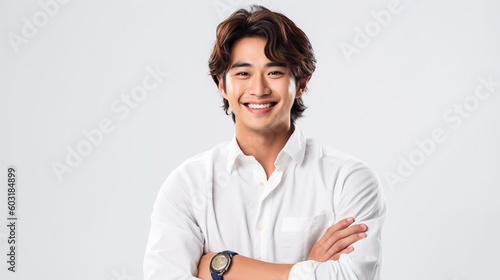白いシャツを着た笑顔の男性（アジア人・中国人・日本人・韓国人・Generative AI）
