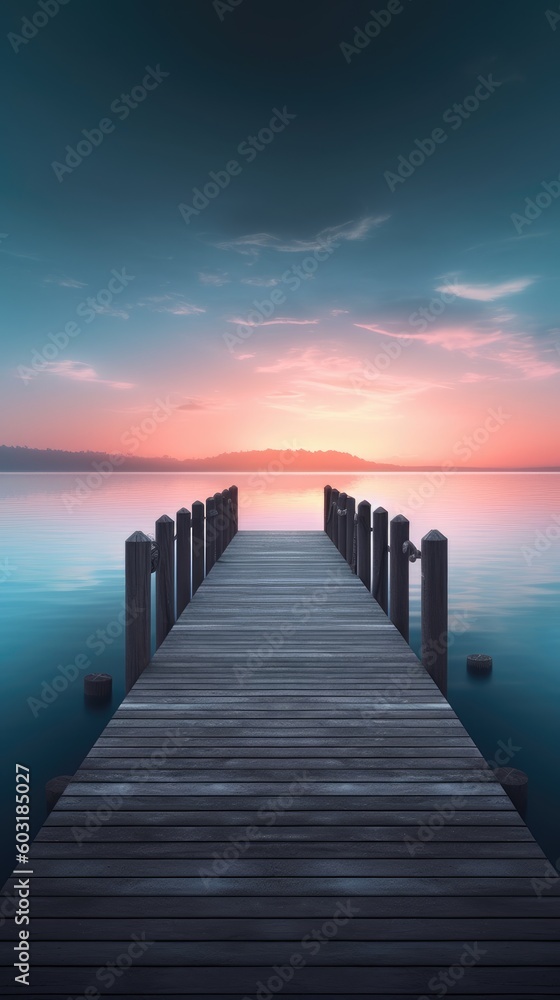 an illustration of an empty dock by the water at sunset. Generative AI