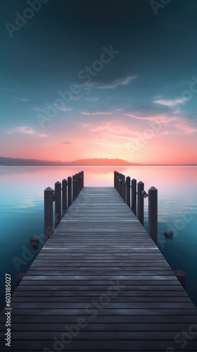 an illustration of an empty dock by the water at sunset. Generative AI