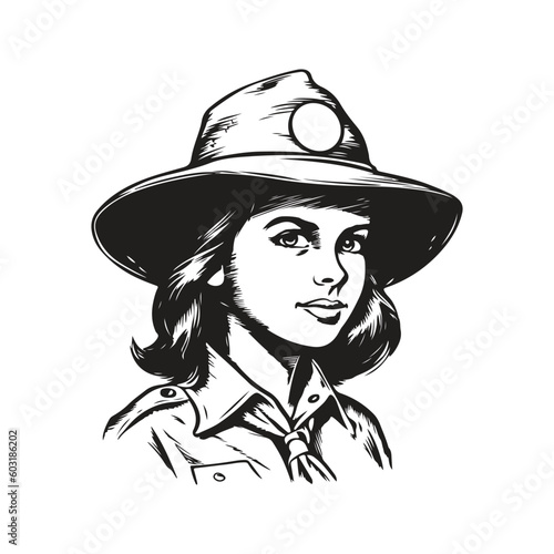 girl scout, vintage logo line art concept black and white color, hand drawn illustration