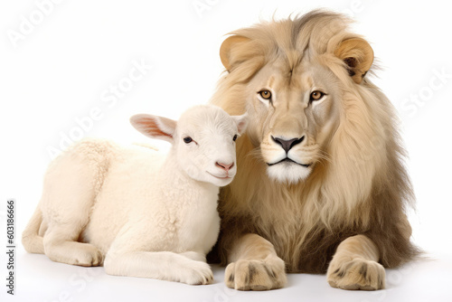 The Lion and the Lamb together. Image on white background, generative AI