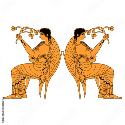 Symmetrical ethnic design with two ancient Greek women sitting in chairs and holding flower branches. Vase painting style. Isolated vector illustration.