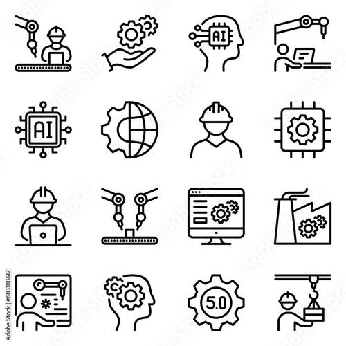 industrial and automation line icons. monitoring, artificial intelligence, developer, operator, programming, automated, manufacture, optimization, software, automation, circuit