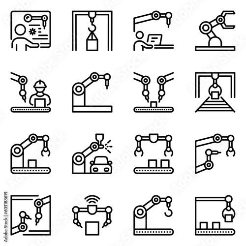 set of 16 industrial robot line icons. manufacturing, robot, automated, manufacture, mechanical, industrial, production, operator, automation, machinery, ai, intelligence, tech