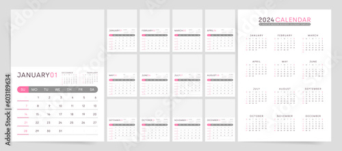 2024 Calendar Design Template. Week starts on Sunday office calendar. Wall planner in simple clean style. Corporate or business calendar. English vector calendar layout.	