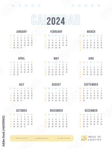 Classic One Page 2024 Calendar. Sunday Start.