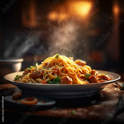 Stir Fried Spaghetti on a sizzling hot plate.generative ai