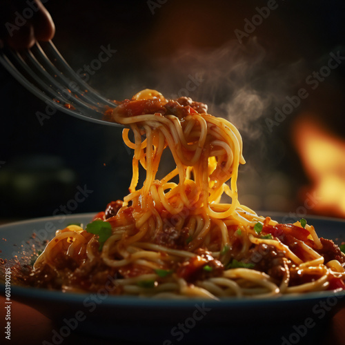 Stir Fried Spaghetti on a sizzling hot plate.generative ai