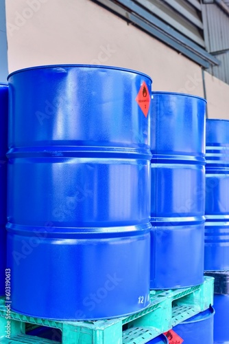 Blue Paint Thinner Chemical Drums on Pallets