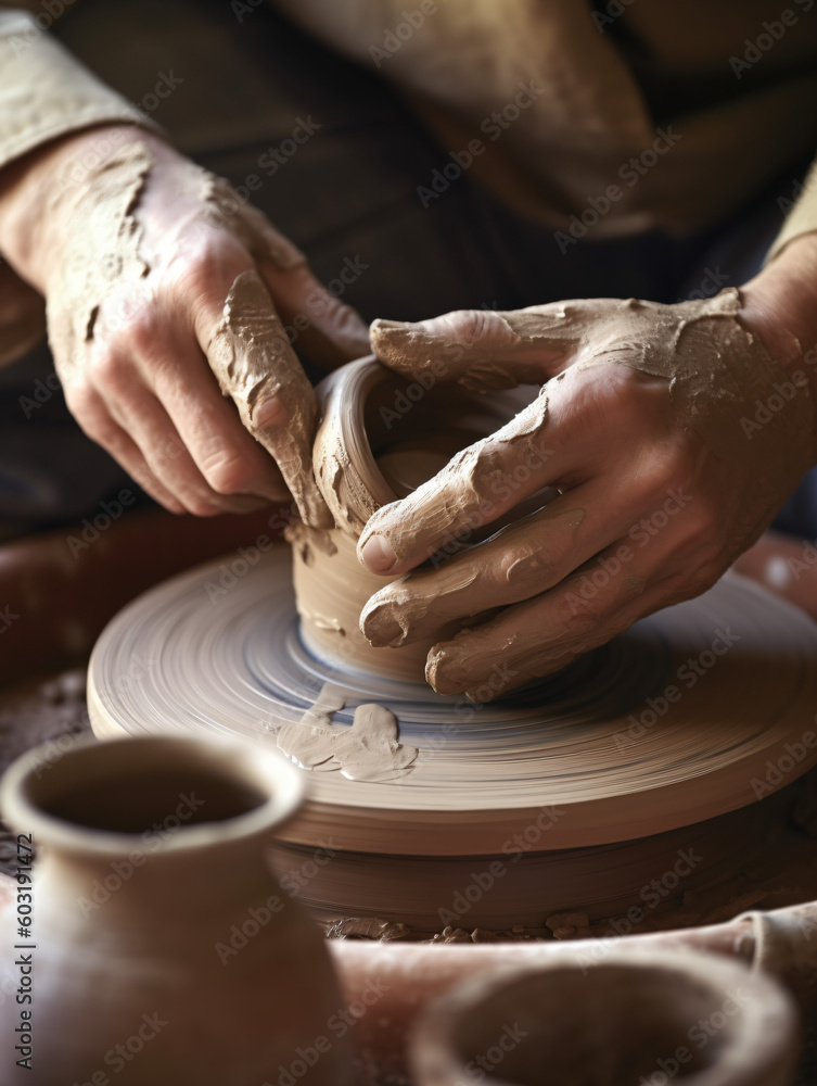 Close up hands of a person making a vase on a potter's wheel Generative Ai Close up hands of a person making a vase on a potter's wheel Generative Ai
